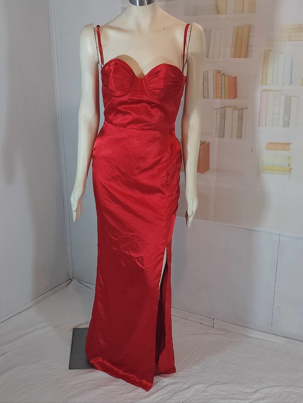 & Other Stories Red Satin Spaghetti-Strap Prom Gown
